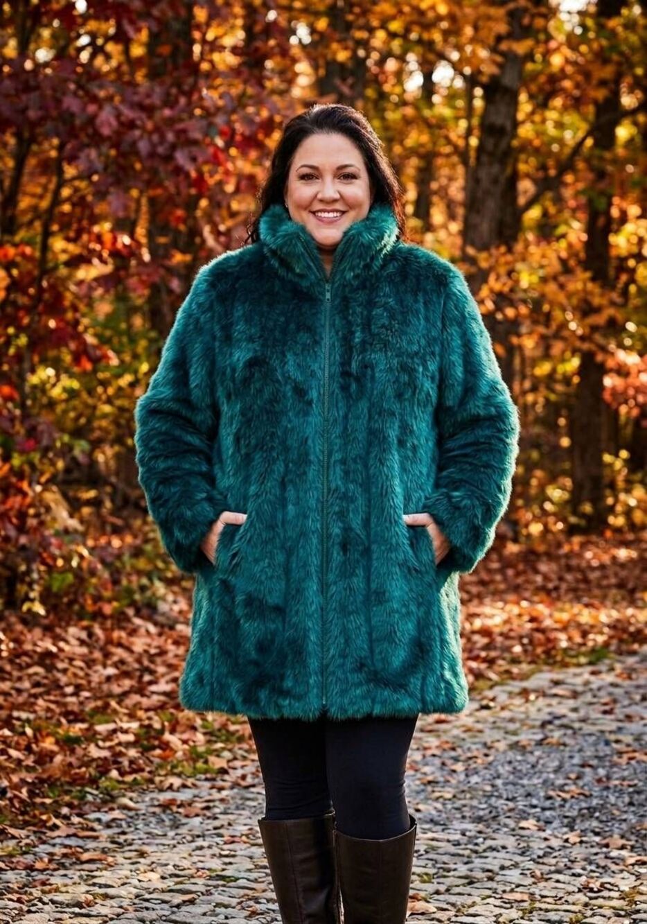 Roamans Emerald Green Faux Fur Jacket 2x 26/28 Old Money Fall Winter Outdoor Plu